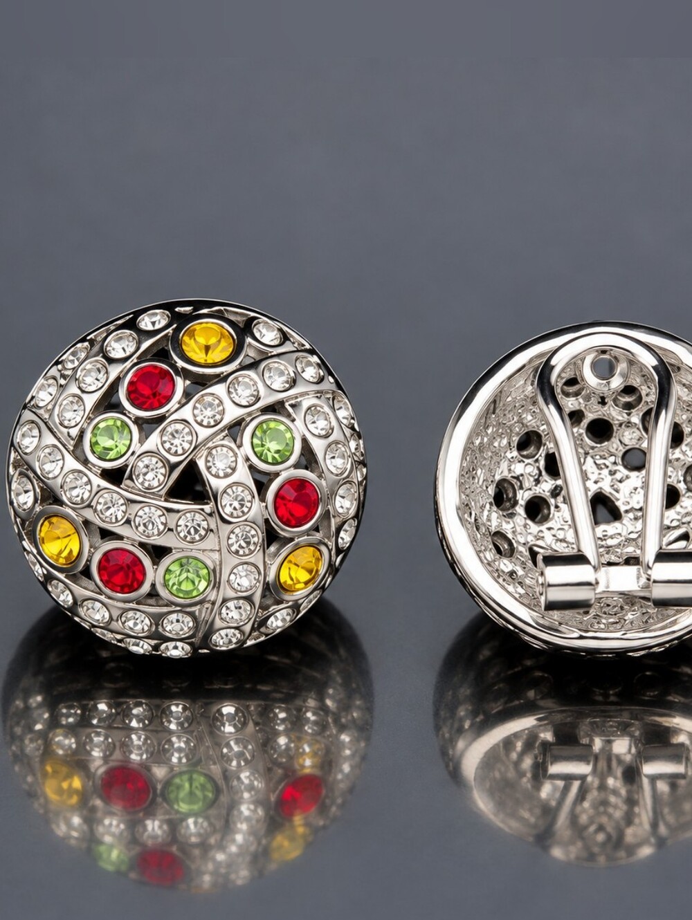 Crystal-Studded Multicolor Pierced Omega Back Earrings - Silver Tone
